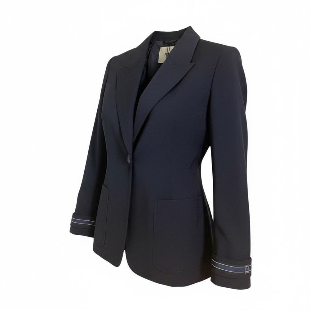 Fendi Blazer Women 52 Navy Blue FF Logo Cuff Single Button Tailored Jacket NEW